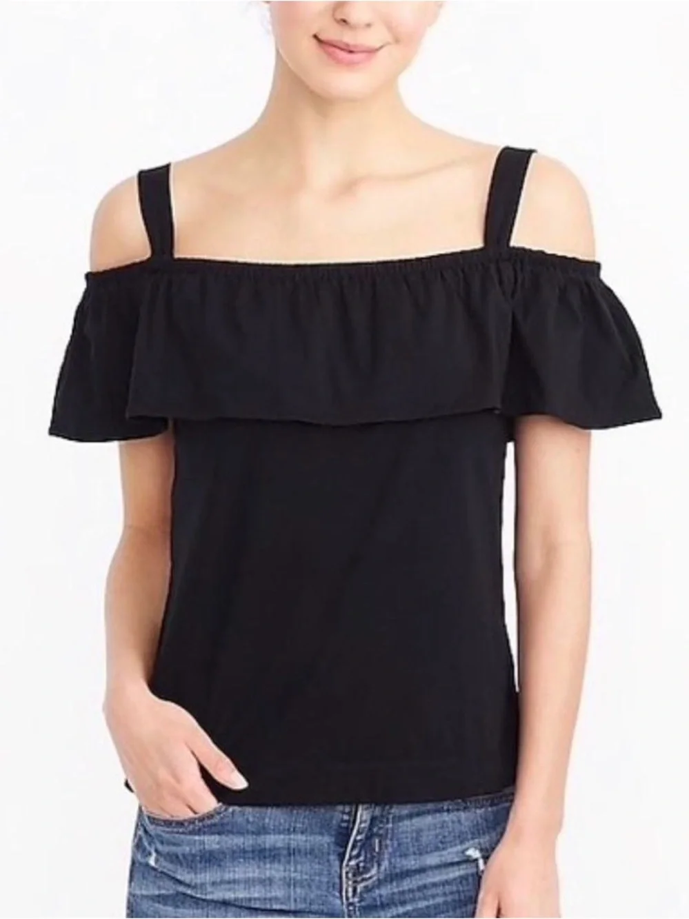 J. Crew Black off-the-shoulder Silk Blouse Ruffled Shoulder Straps